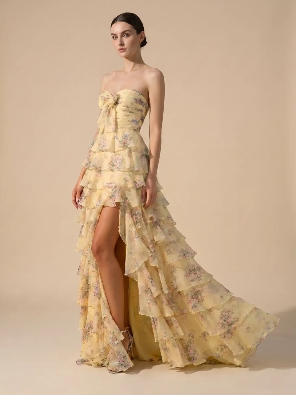 VIP Diamond Bridal Couture Lee Yellow Floral High Low Ruffle Gown NWT Size 0